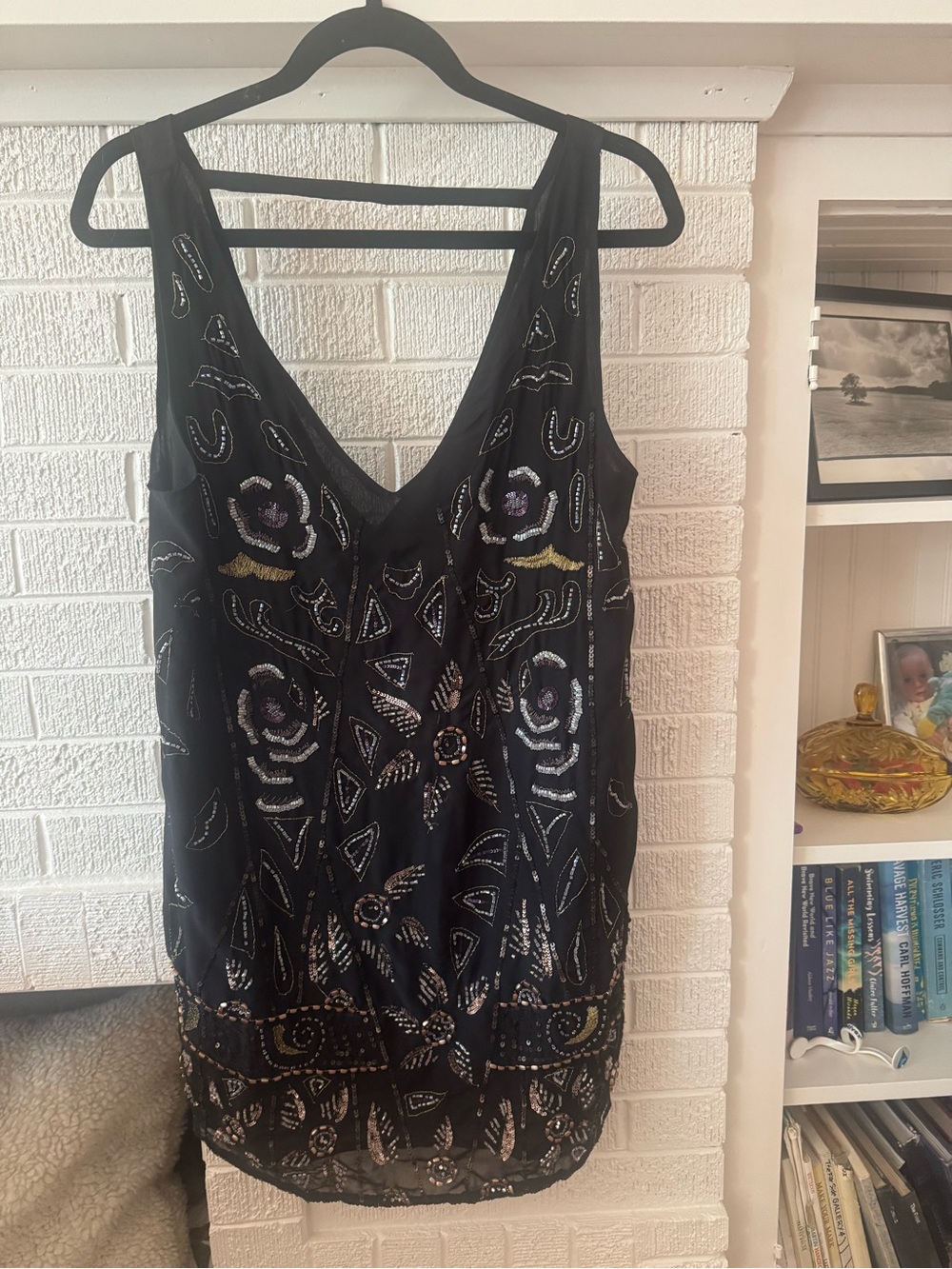 Free People Black Beaded Art Deco Evening Trapeze Dress
